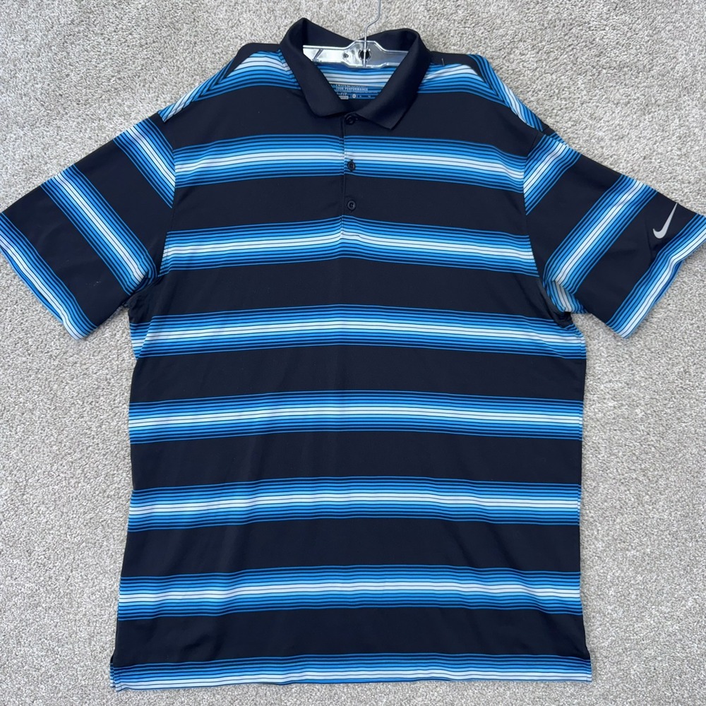Nike Polo Shirt Men XL Tour Performance Dri-FIT Black Blue Striped EUC